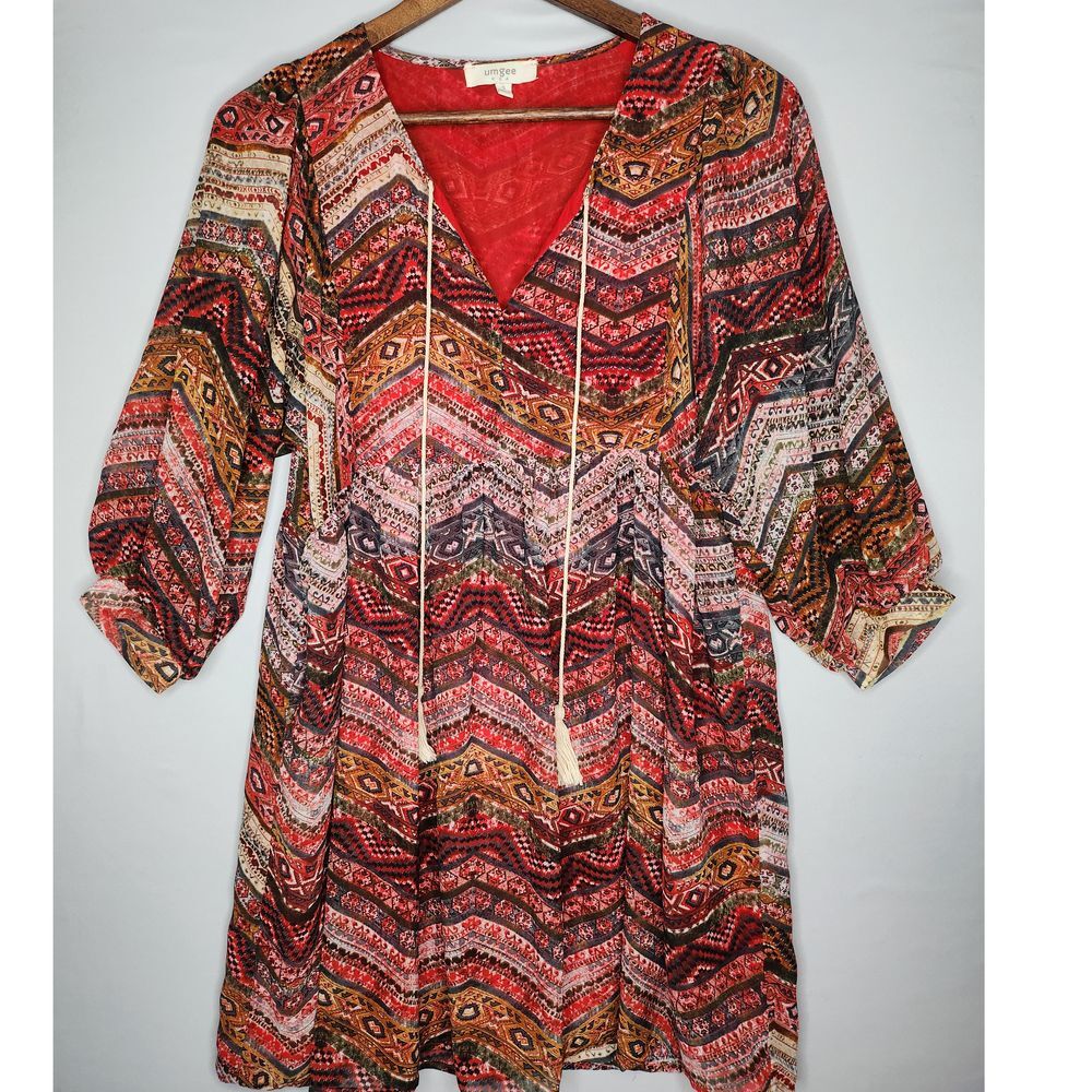 Umgee USA Tie Front‎ Red Aztec Print Boho Babydoll Dress Small Pull Over Lined
